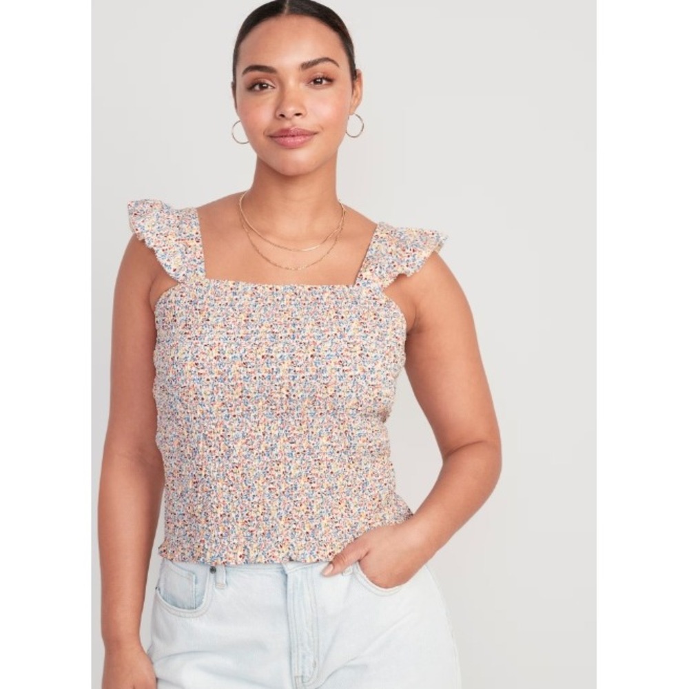OLD NAVY RUCHED STRETCH BODICE DITSY FLORAL CROPPED FLUTTER SLEEVE BLOUSE TOP XL